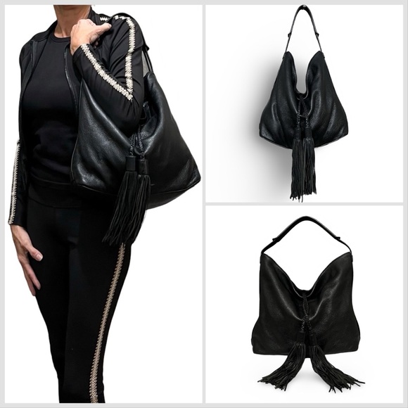 Rebecca Minkoff Isobel Black Pebble Leather Hobo Handbag w/ Tassels - Picture 2 of 11